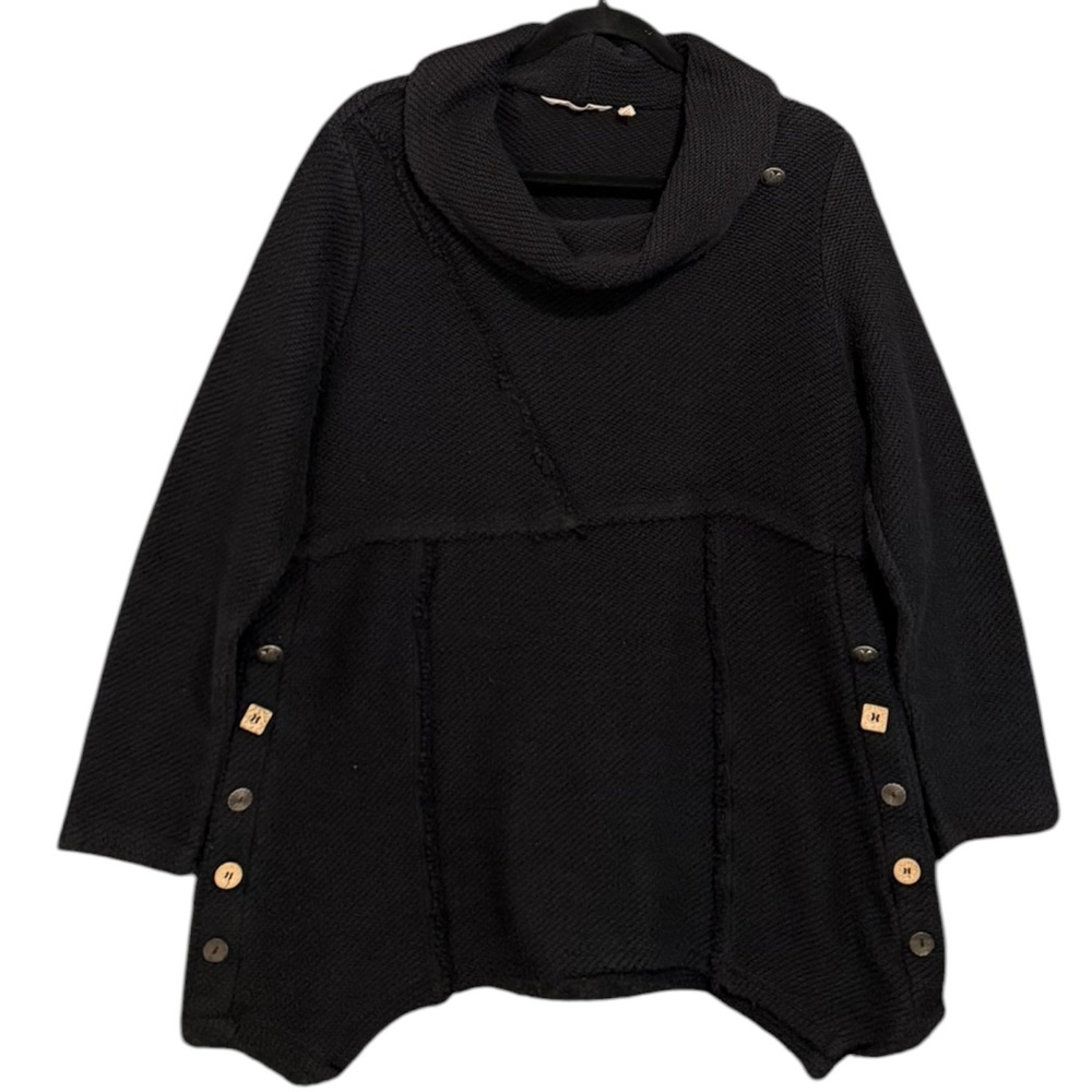 Soft Surroundings Lagenlook Black Cowl Neck Tunic Sweater Button Detail Womens L